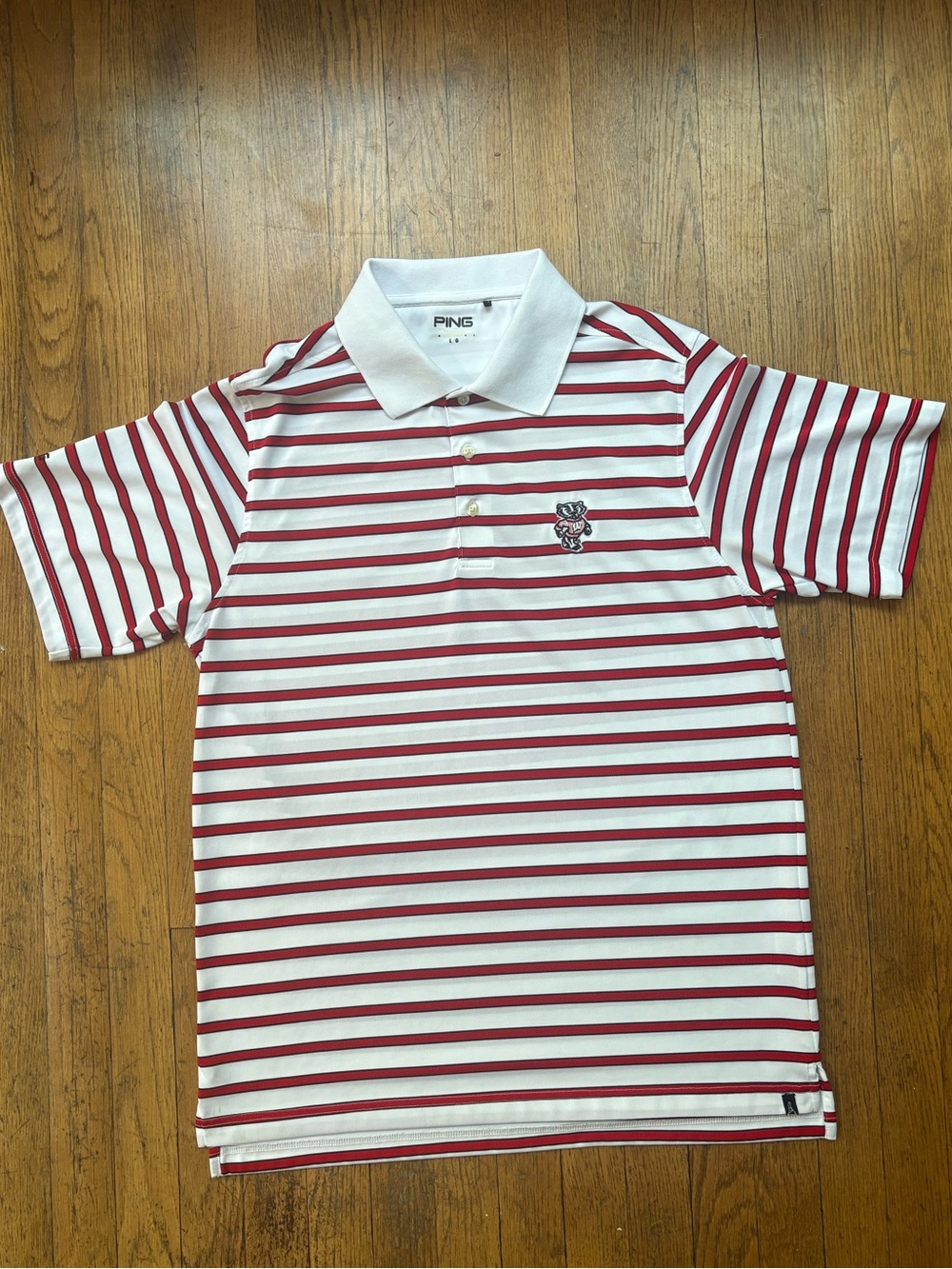 Ping Performance Wisconsin Badger Short Sleeve Polo M White Red Striped Golf - Picture 2 of 11